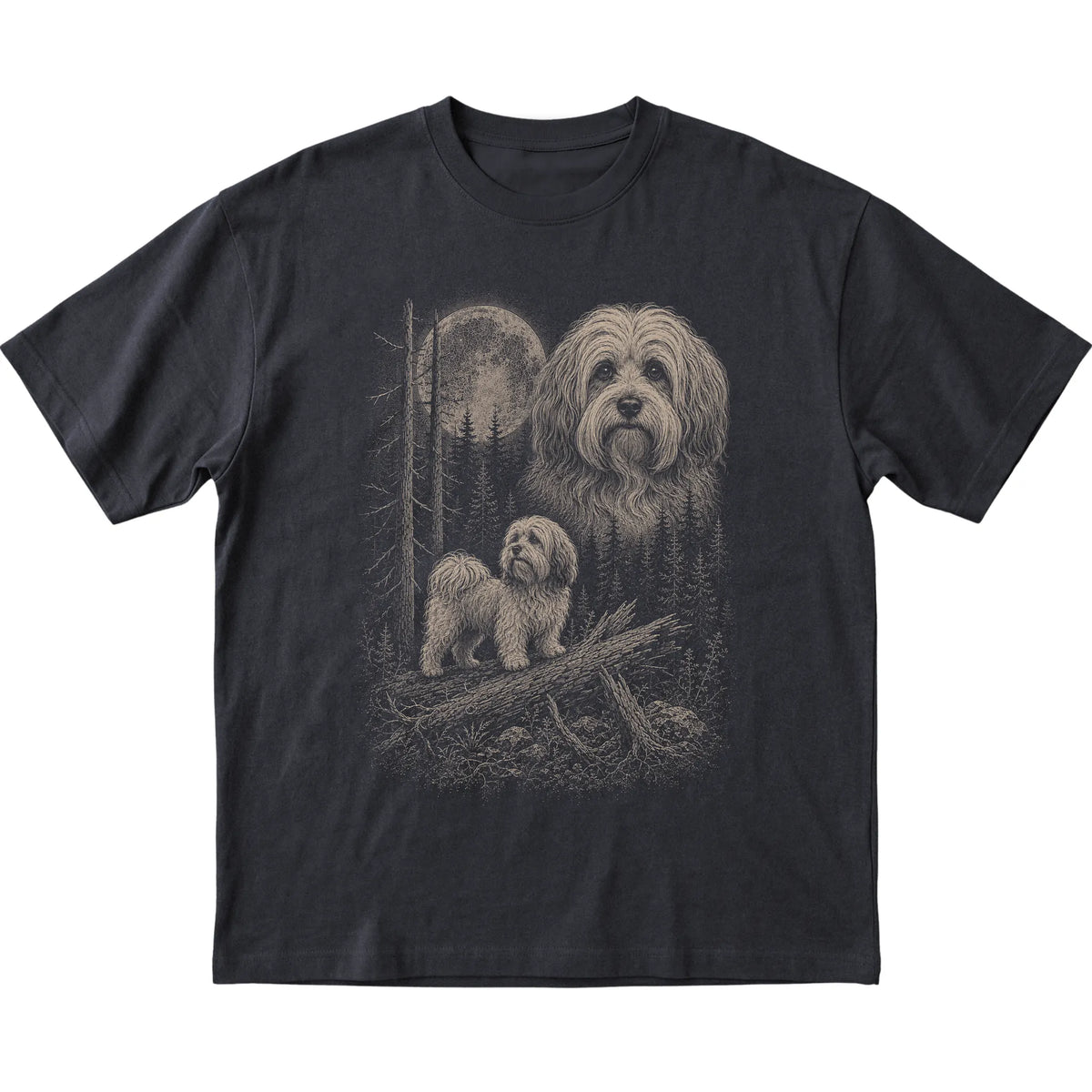 Havanese Moonlit Forest graphic on a black Softstyle T-shirt laid flat