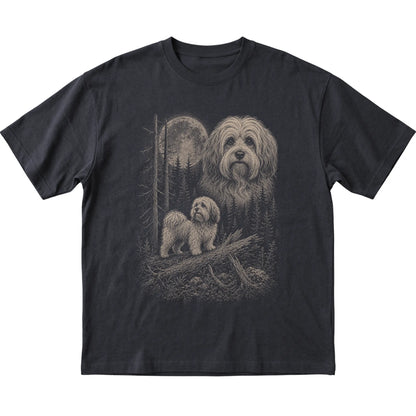 Havanese Moonlit Forest graphic on a black Softstyle T-shirt laid flat