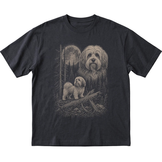 Havanese Moonlit Forest graphic on a black Softstyle T-shirt laid flat