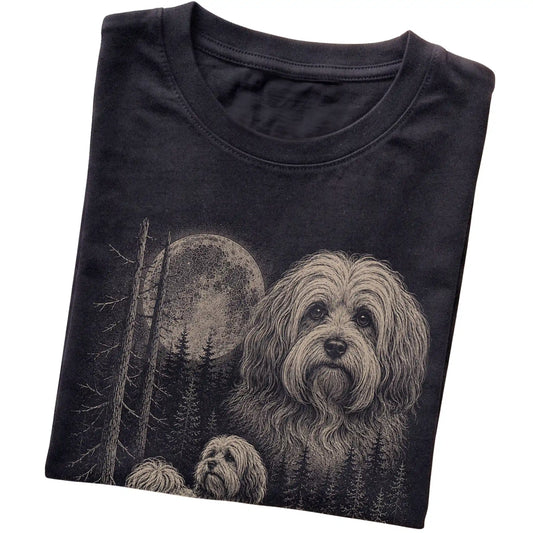 Folded black Softstyle T-shirt showing the Havanese Moonlit Forest graphic