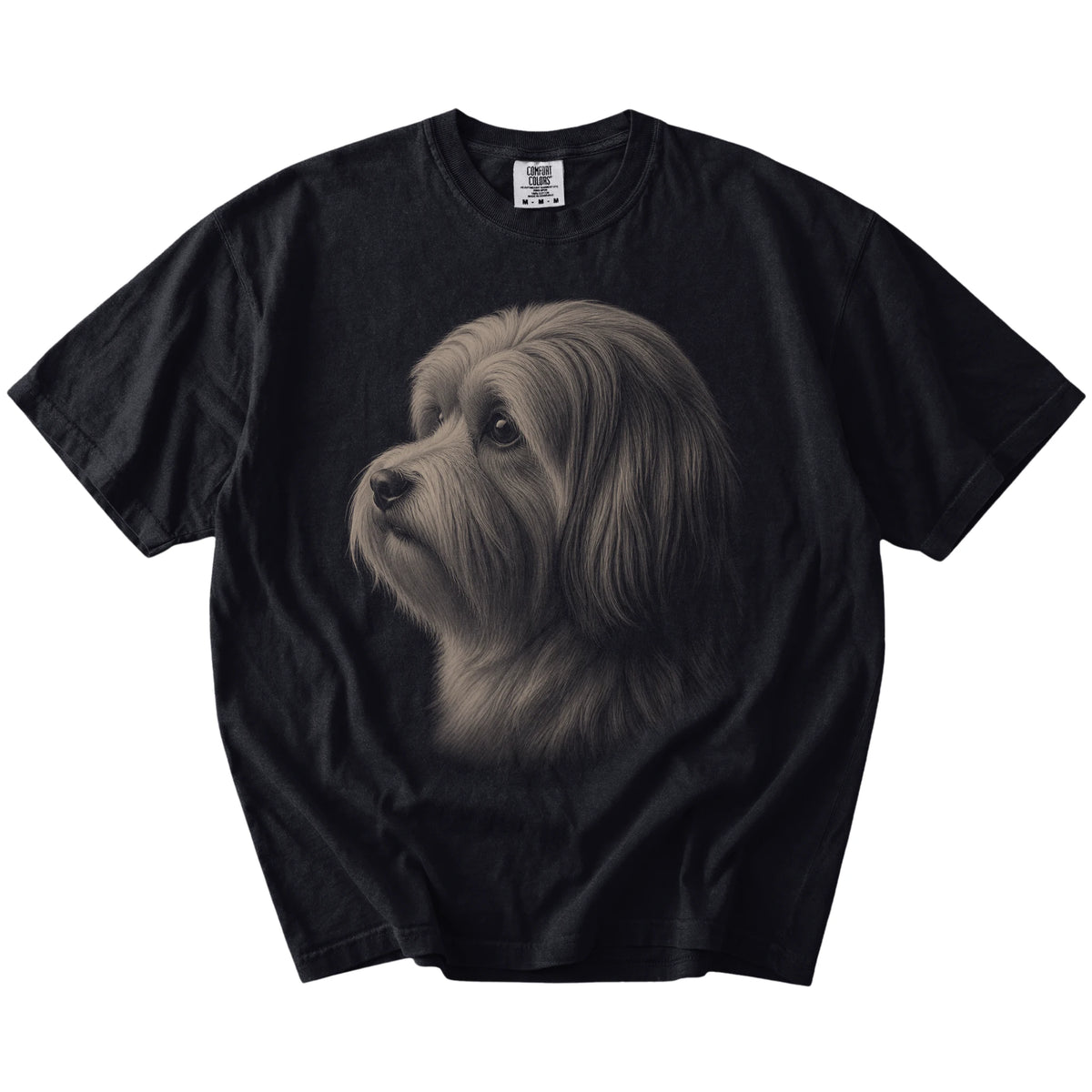 A detailed photographic portrait of a Havanese on a Black Comfort Colors® T-shirt