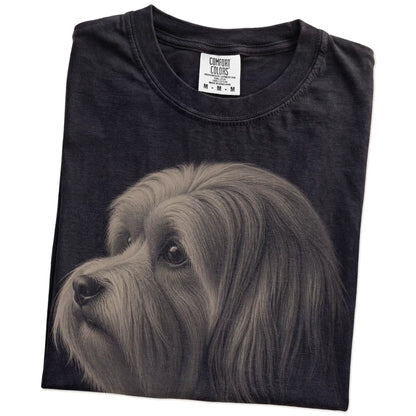 Folded Black Comfort Colors® T-shirt showing a detailed photographic portrait of a Havanese