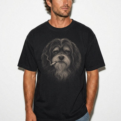 Model wearing a Havanese smoking design on a Black t-shirt