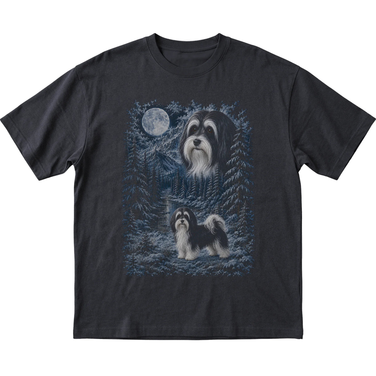 black T-shirt with Havanese Winter Moon artwork.