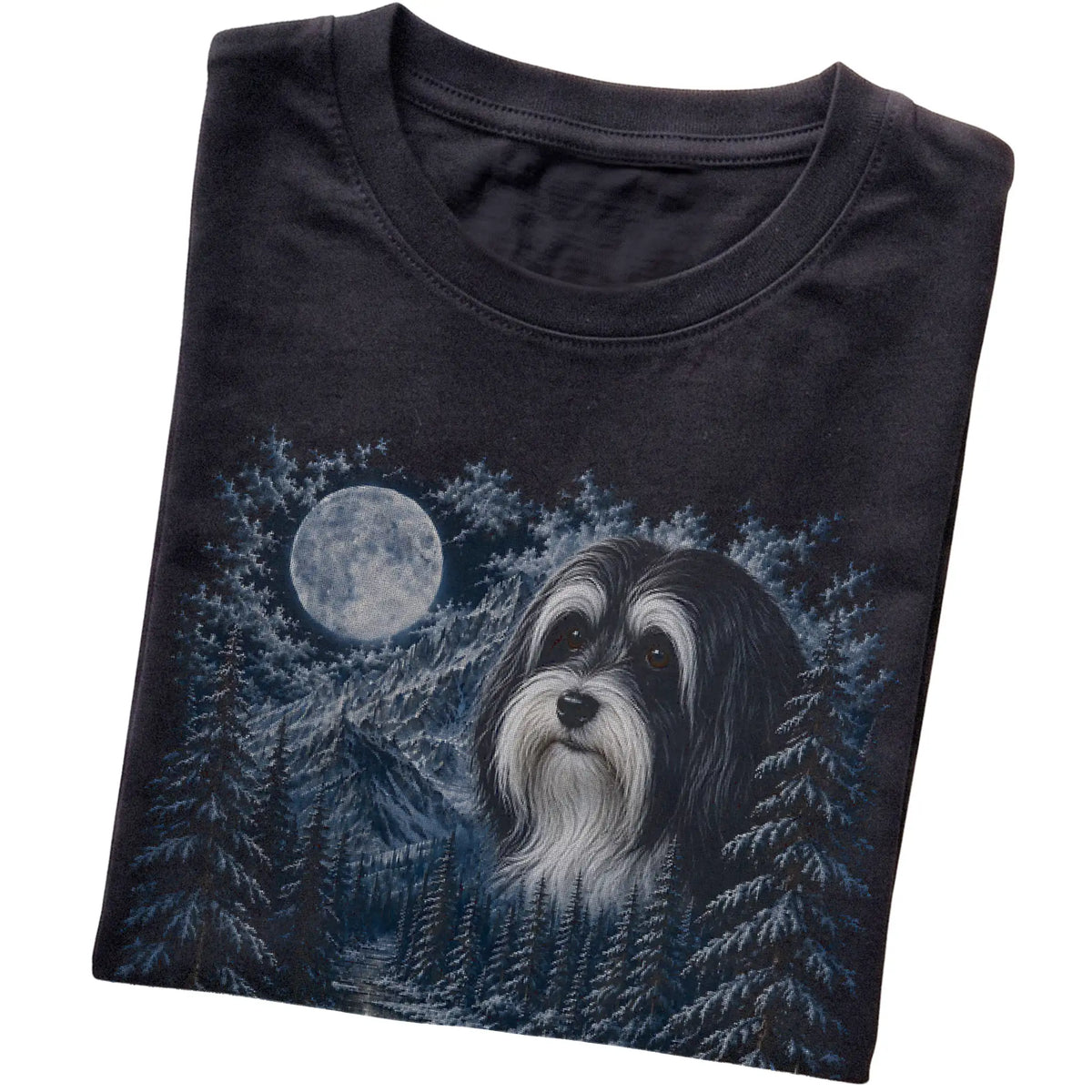Folded black T-shirt with Havanese Winter Moon artwork.