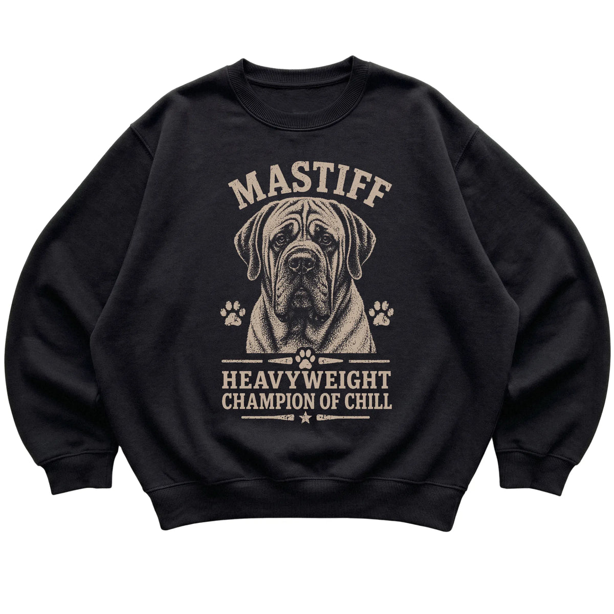 Black crewneck sweatshirt featuring Heavyweight Champion Of Chill - Mastiff, laid-flat presentation
