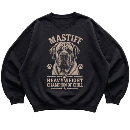 Black crewneck sweatshirt featuring Heavyweight Champion Of Chill - Mastiff, laid-flat presentation