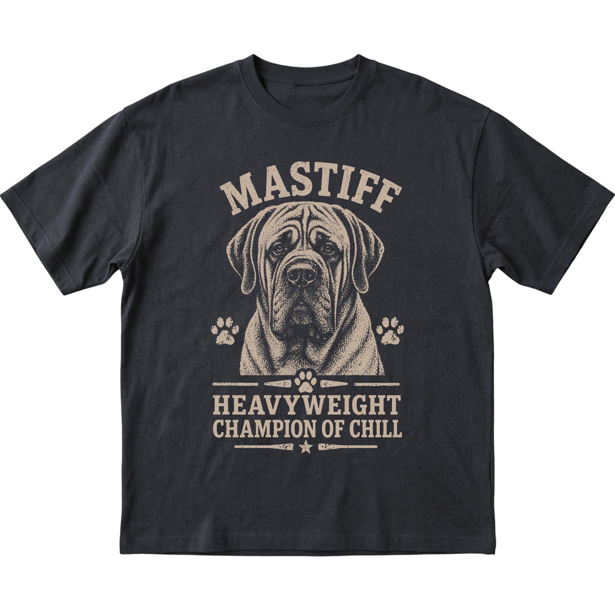 Black T-shirt featuring Heavyweight Champion Of Chill - Mastiff, laid-flat presentation