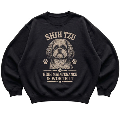 Black crewneck sweatshirt featuring High Maintenance & Worth It - Shih Tzu, laid-flat presentation