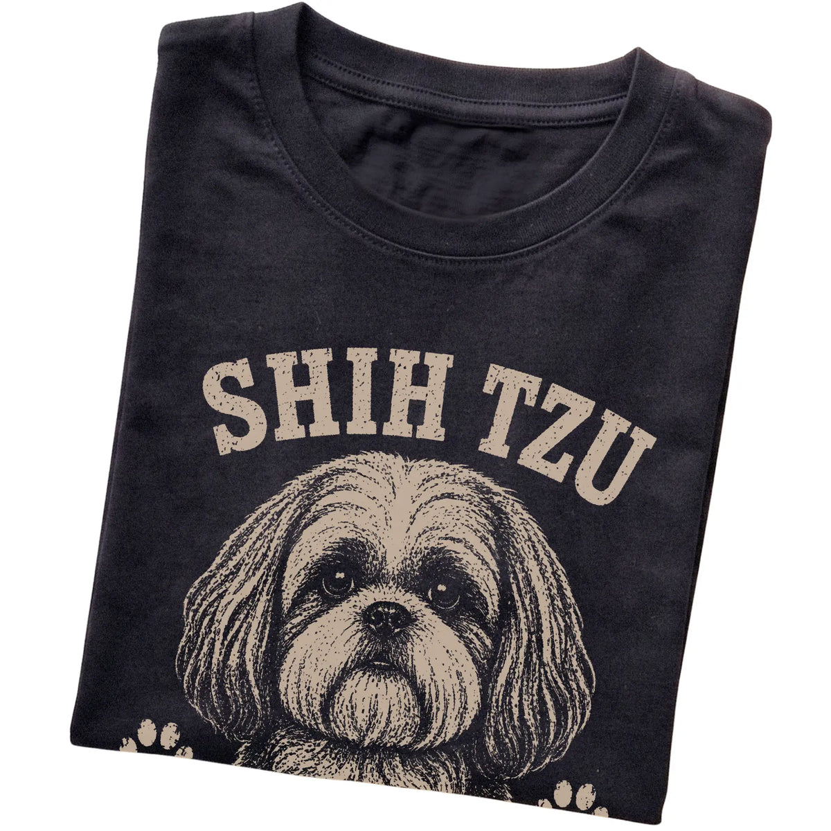 Black T-shirt featuring High Maintenance & Worth It - Shih Tzu, folded presentation