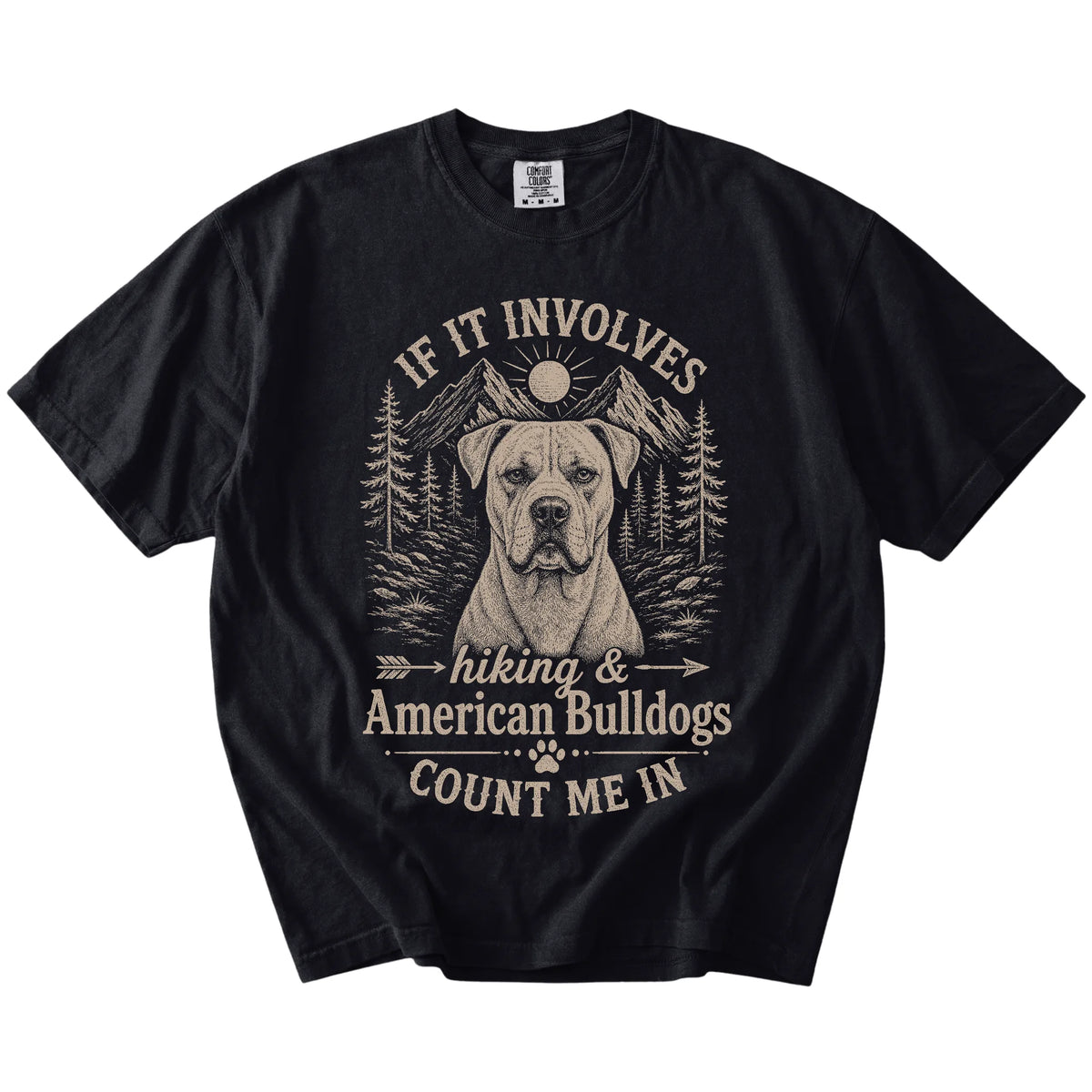 American Bulldog hiking design with mountain scenery on a Black Comfort Colors® T-shirt