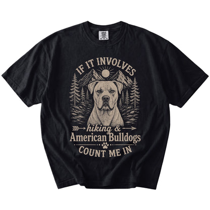 American Bulldog hiking design with mountain scenery on a Black Comfort Colors® T-shirt