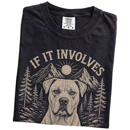 Folded Black Comfort Colors® T-shirt showing American Bulldog hiking design with mountain scenery