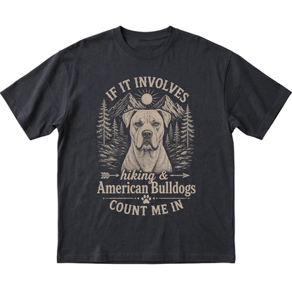 Black Hiking and American Bulldogs T-shirt laid flat