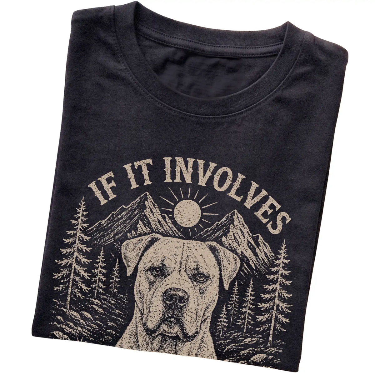 Black Hiking and American Bulldogs T-shirt folded to show the printed design
