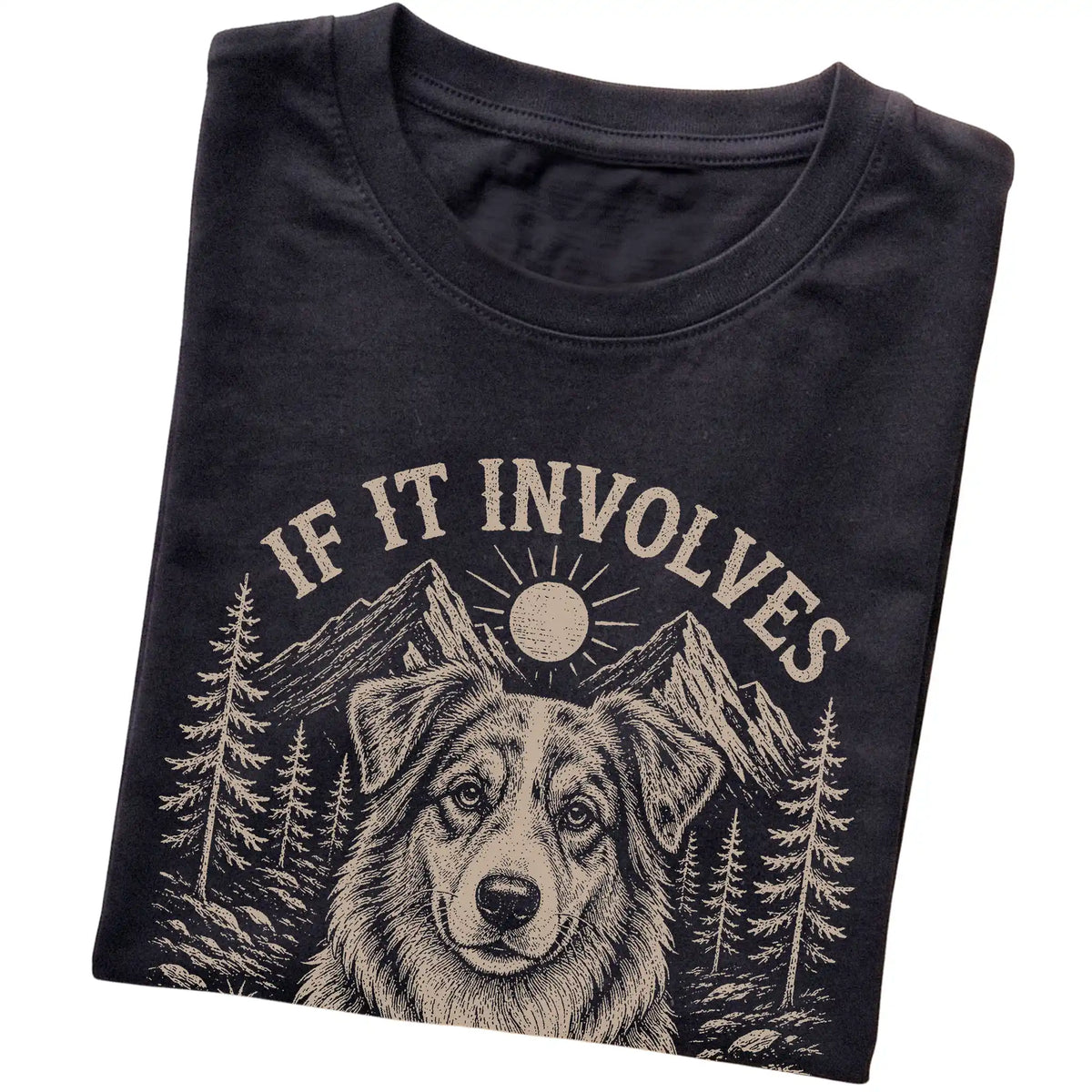 Black Hiking and Australian Shepherds T-shirt folded to show the printed design