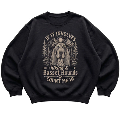 Black Hiking and Basset Hounds sweatshirt laid flat