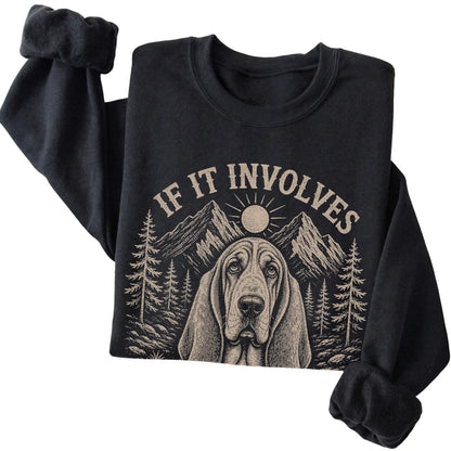 Black Hiking and Basset Hounds sweatshirt folded to show the printed design