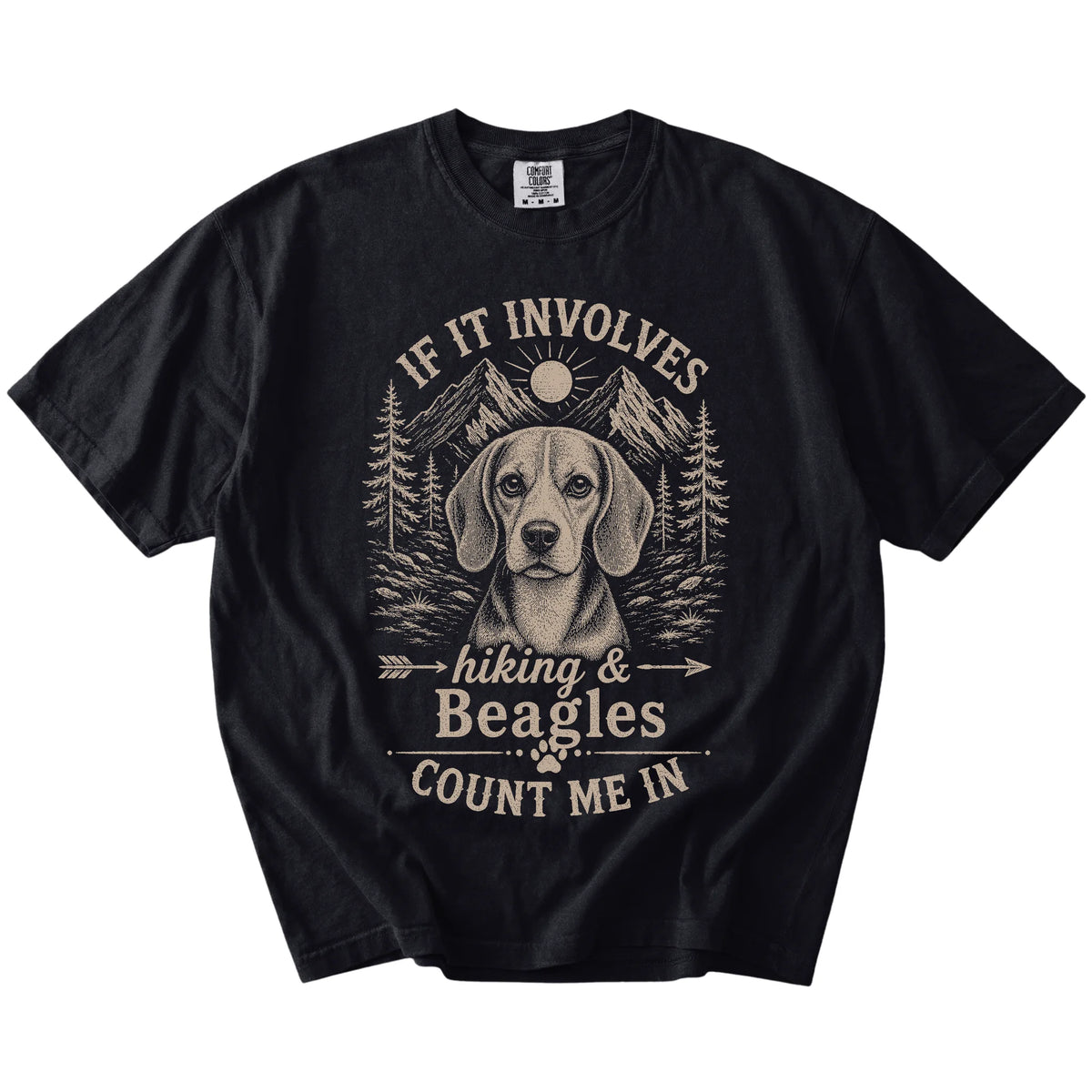 Beagle hiking design with mountain scenery on a Black Comfort Colors® T-shirt