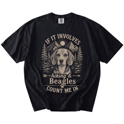 Beagle hiking design with mountain scenery on a Black Comfort Colors® T-shirt