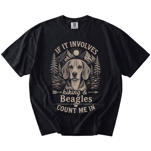 Beagle hiking design with mountain scenery on a Black Comfort Colors® T-shirt