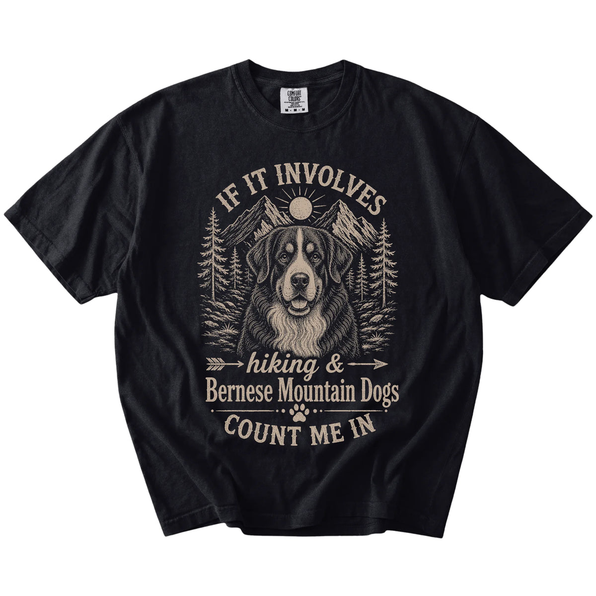 Bernese Mountain Dog hiking design with mountain scenery on a Black Comfort Colors® T-shirt