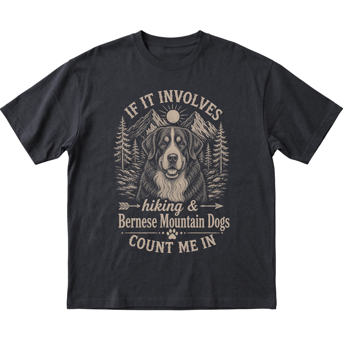 Black Hiking and Bernese Mountain Dogs T-shirt laid flat