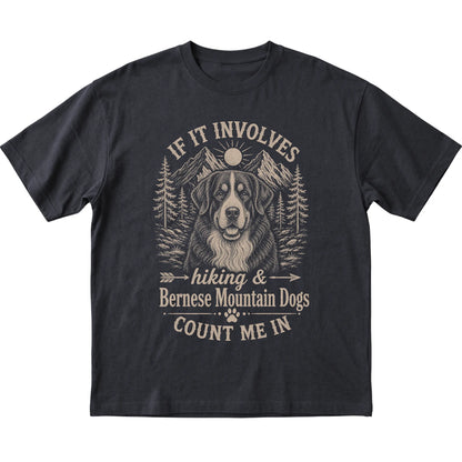 Black Hiking and Bernese Mountain Dogs T-shirt laid flat