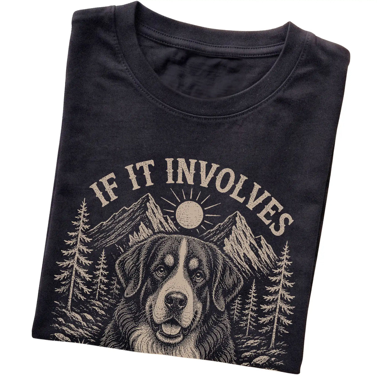 Black Hiking and Bernese Mountain Dogs T-shirt folded to show the printed design