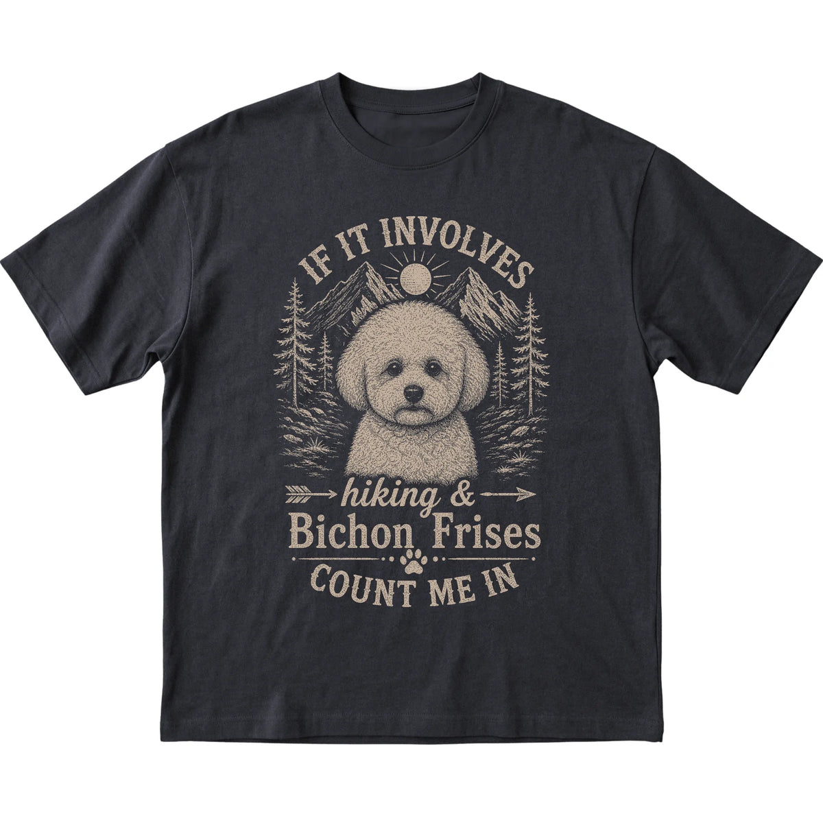 Black Hiking and Bichon Frises T-shirt laid flat