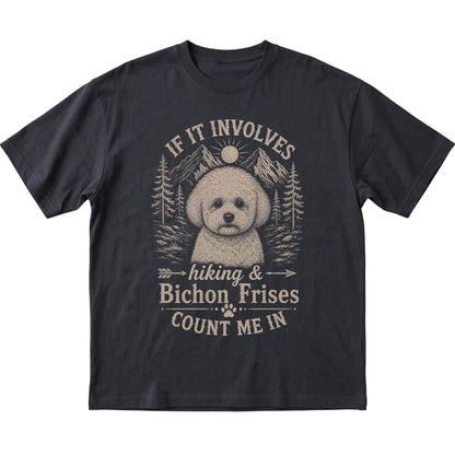 Black Hiking and Bichon Frises T-shirt laid flat