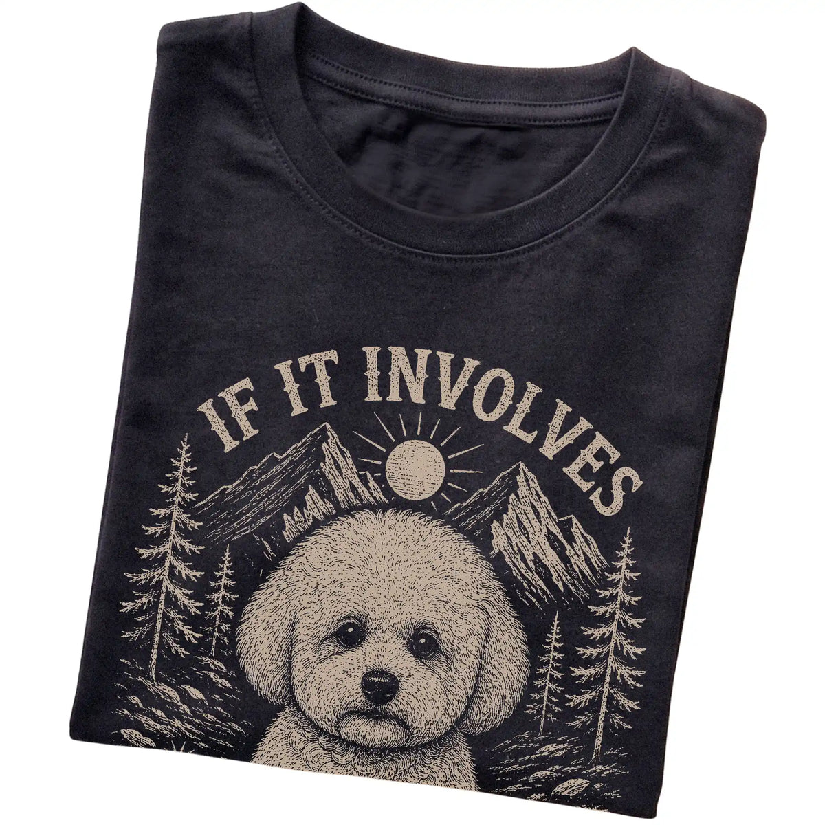 Black Hiking and Bichon Frises T-shirt folded to show the printed design