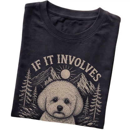 Black Hiking and Bichon Frises T-shirt folded to show the printed design
