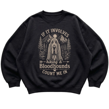 Black Hiking and Bloodhounds sweatshirt laid flat
