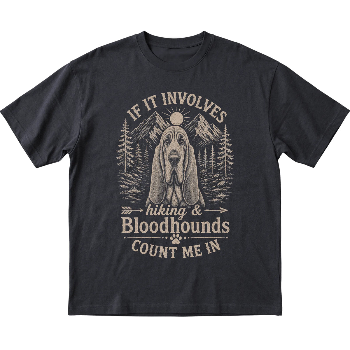 Black Hiking and Bloodhounds T-shirt laid flat