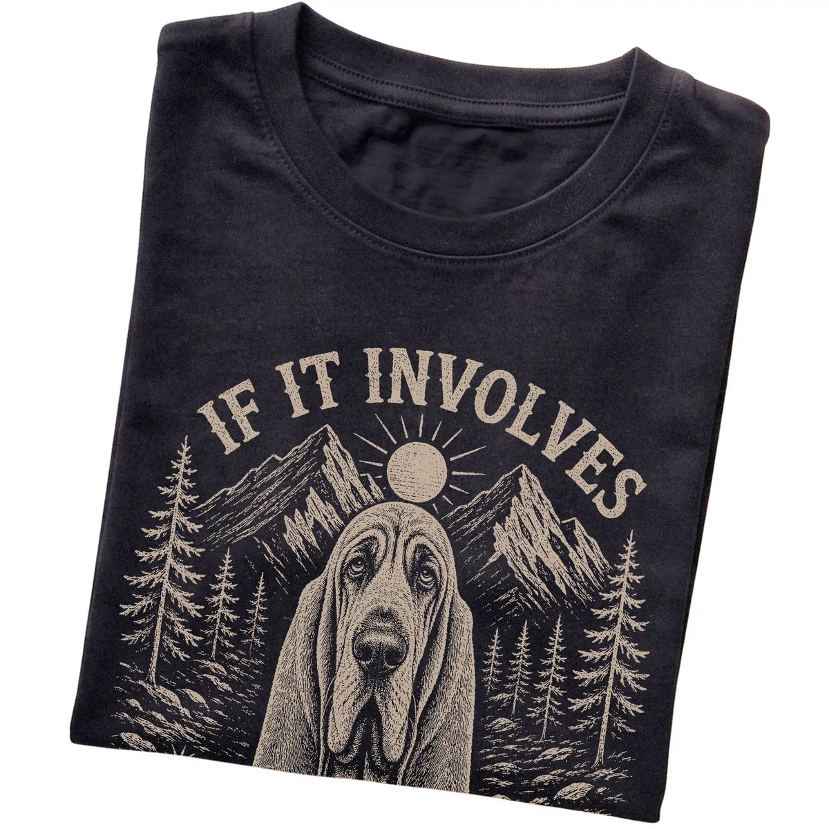 Black Hiking and Bloodhounds T-shirt folded to show the printed design