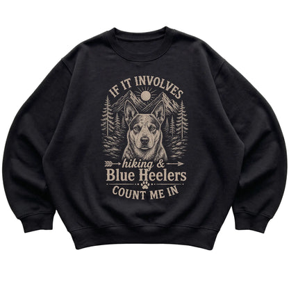 Black Hiking and Blue Heelers sweatshirt laid flat