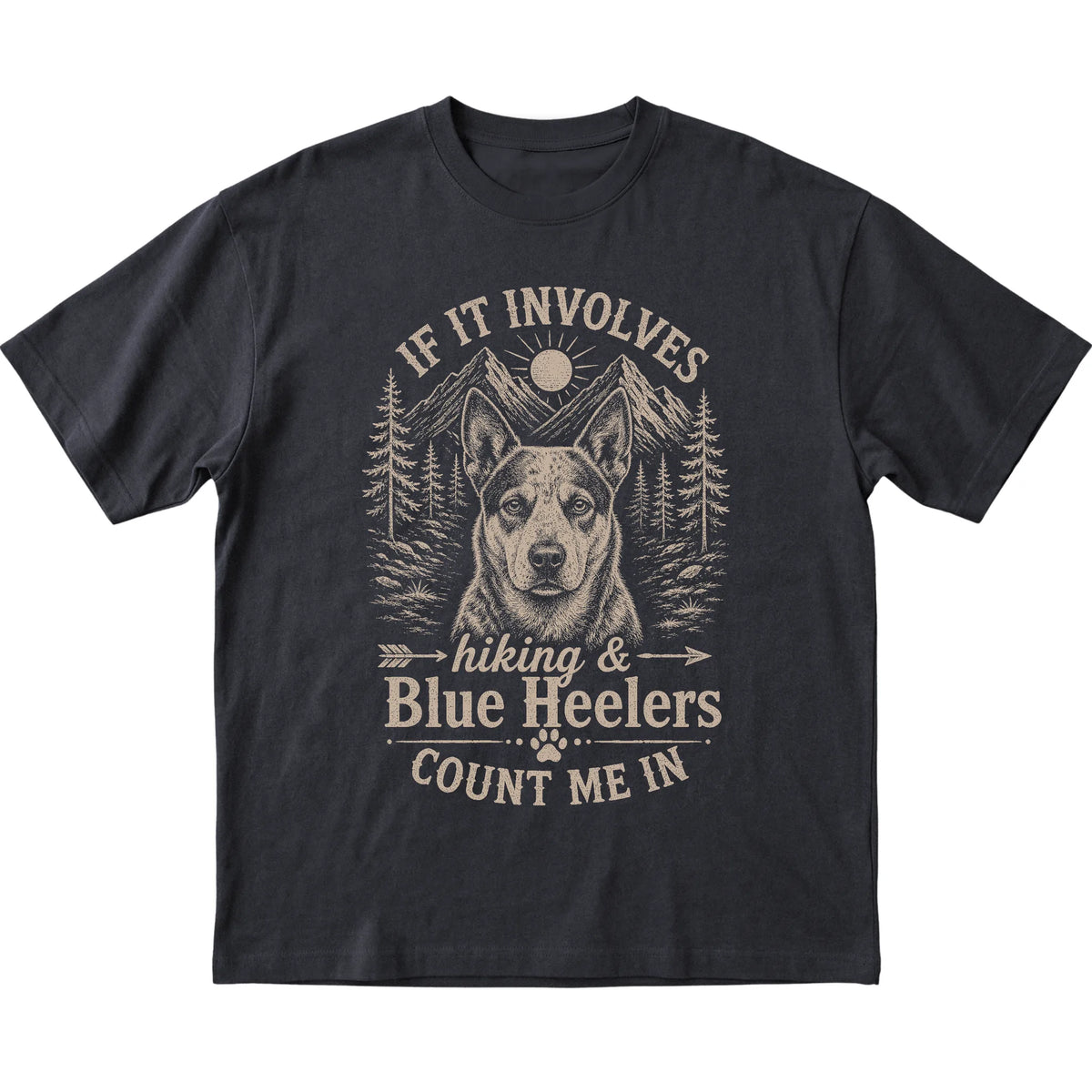 Black Hiking and Blue Heelers T-shirt laid flat