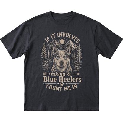 Black Hiking and Blue Heelers T-shirt laid flat