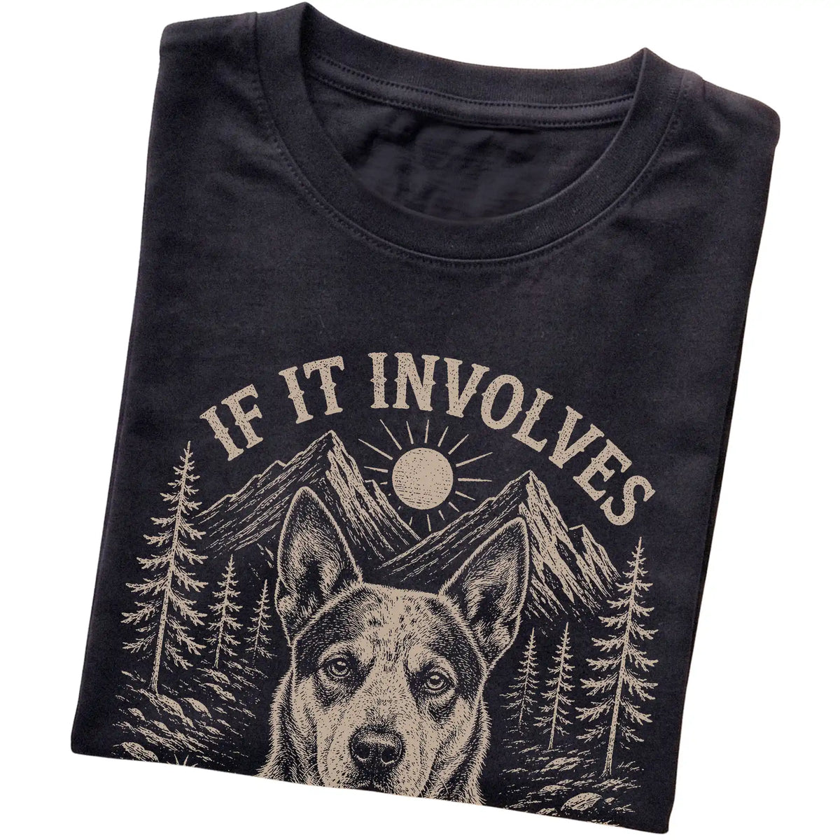 Black Hiking and Blue Heelers T-shirt folded to show the printed design