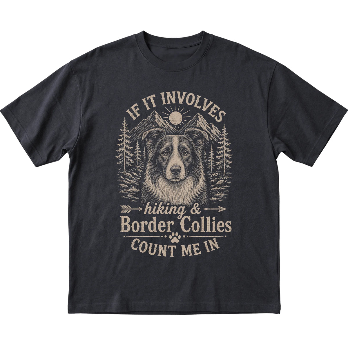 Black Hiking and Border Collies T-shirt laid flat