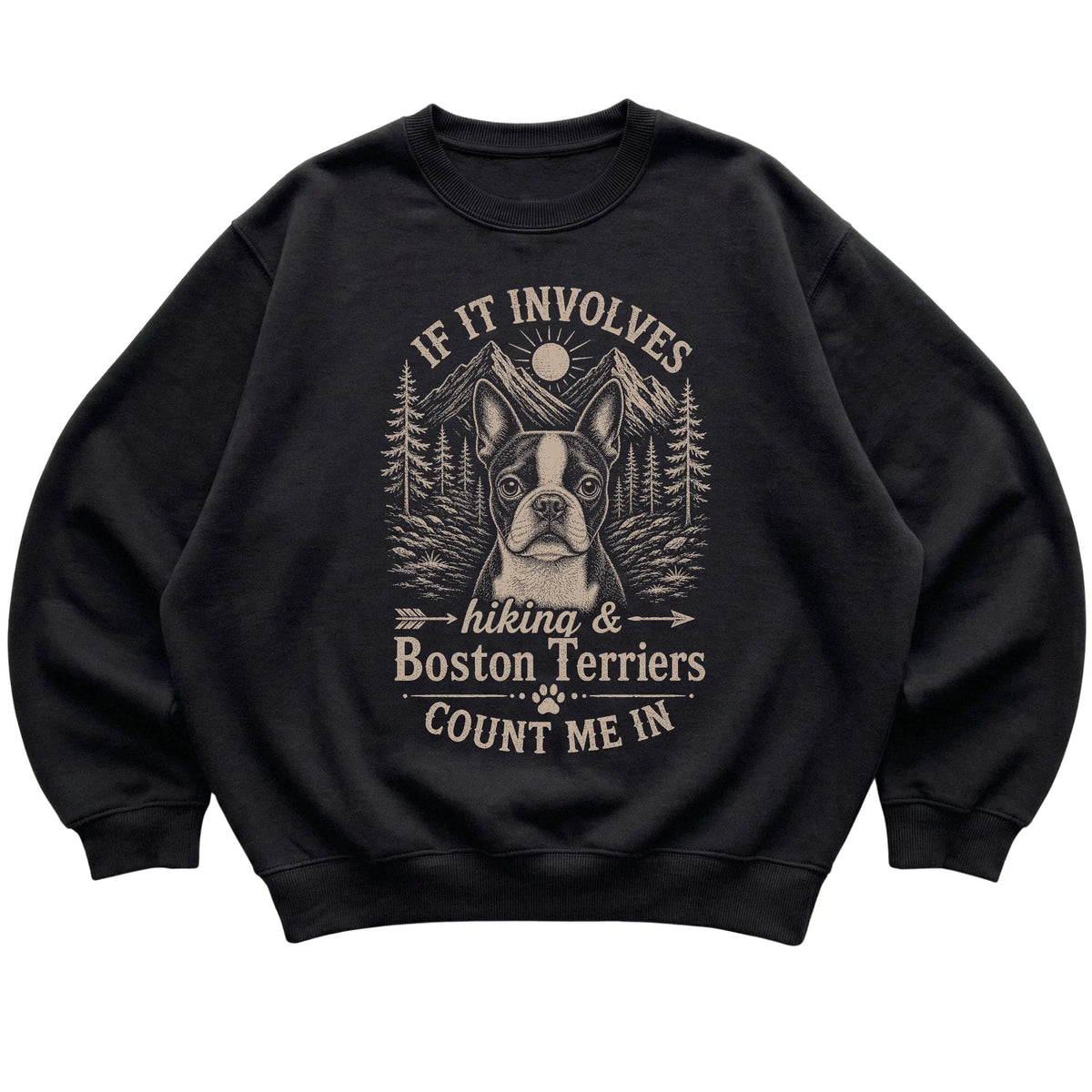 Black Hiking and Boston Terriers sweatshirt laid flat