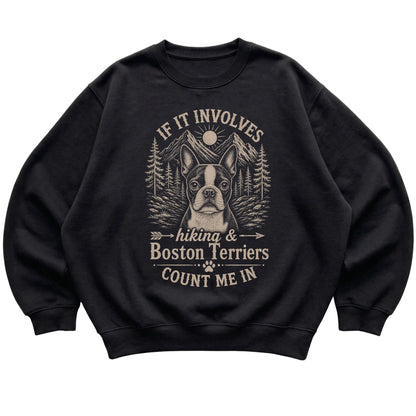 Black Hiking and Boston Terriers sweatshirt laid flat