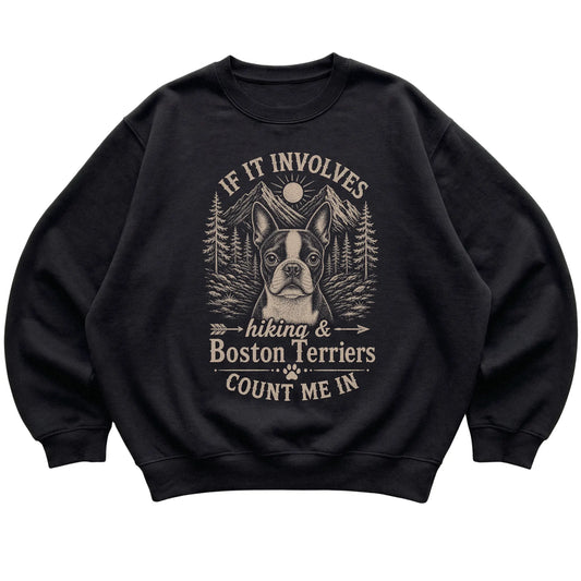 Black Hiking and Boston Terriers sweatshirt laid flat