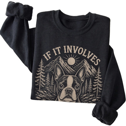Black Hiking and Boston Terriers sweatshirt folded to show the printed design