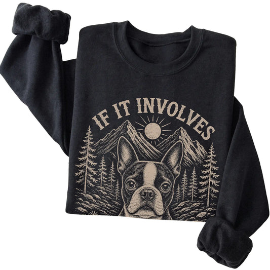 Black Hiking and Boston Terriers sweatshirt folded to show the printed design