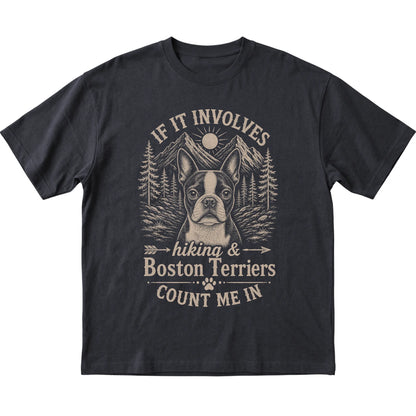 Black Hiking and Boston Terriers T-shirt laid flat