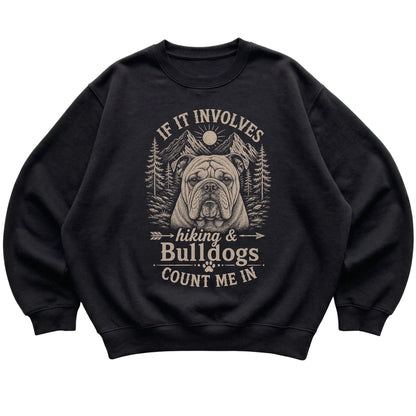 Black Hiking and Bulldogs sweatshirt laid flat