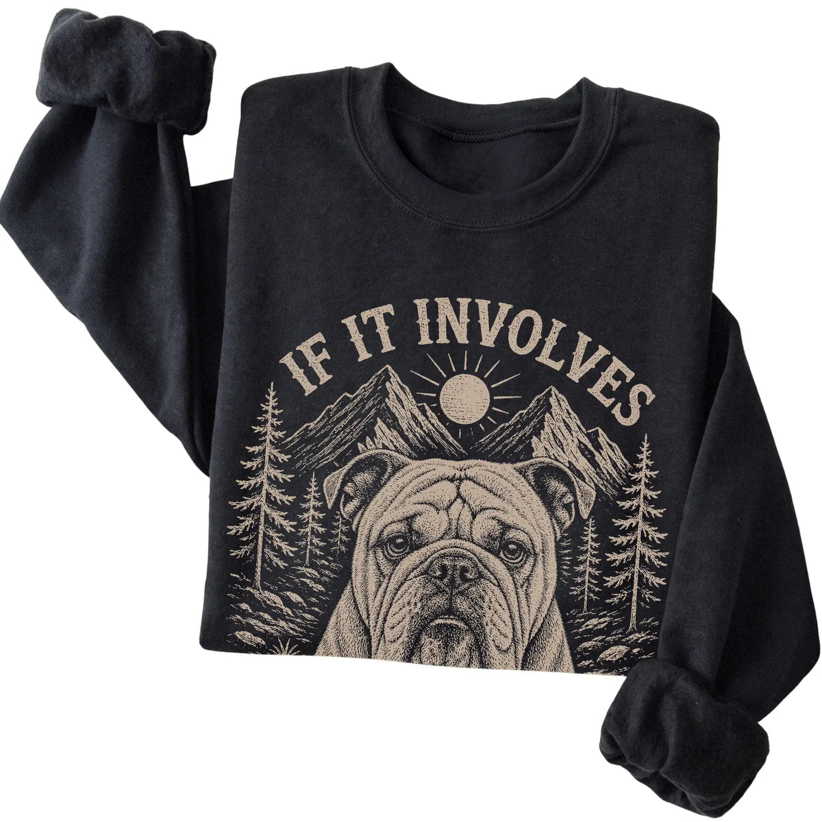 Black Hiking and Bulldogs sweatshirt folded to show the printed design