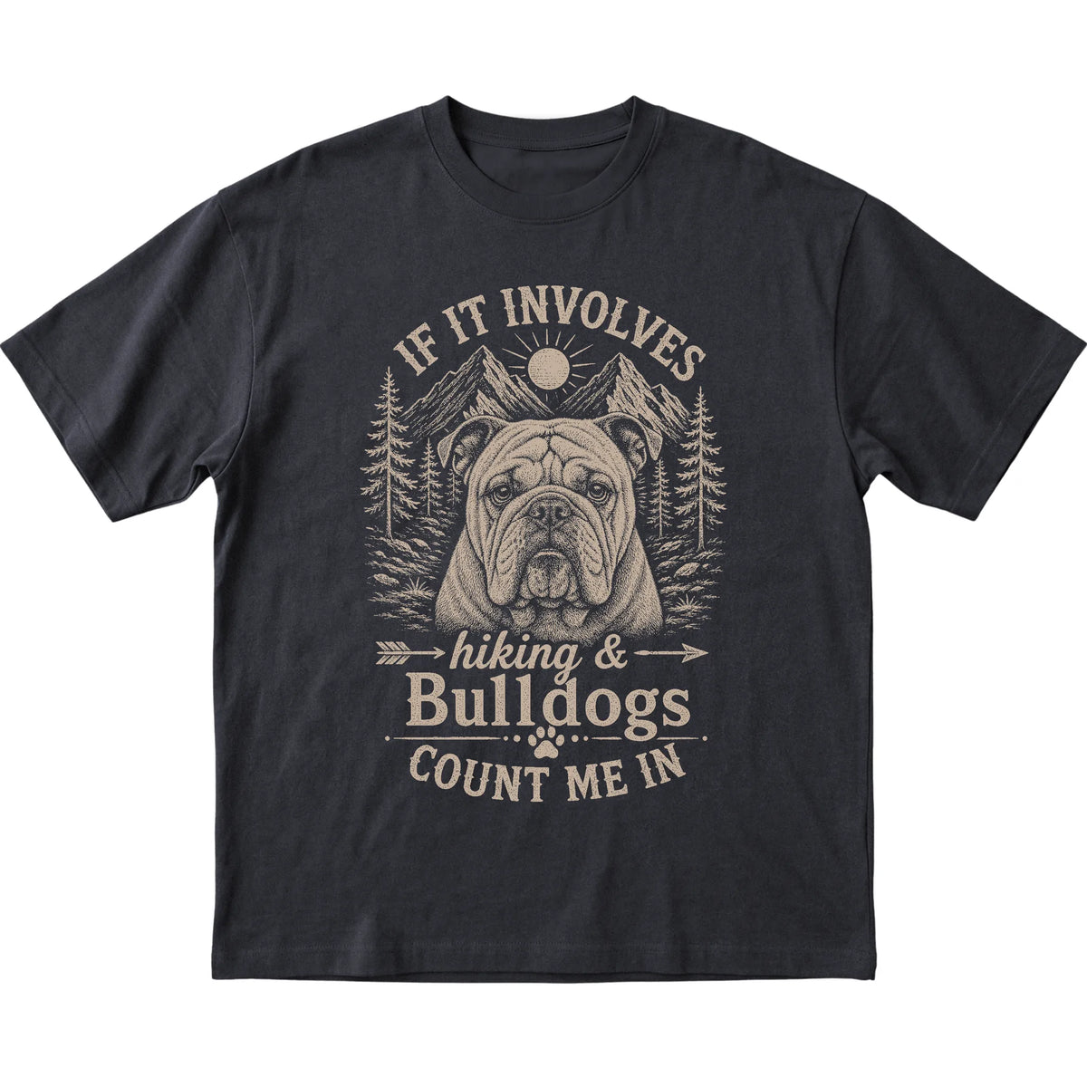 Black Hiking and Bulldogs T-shirt laid flat